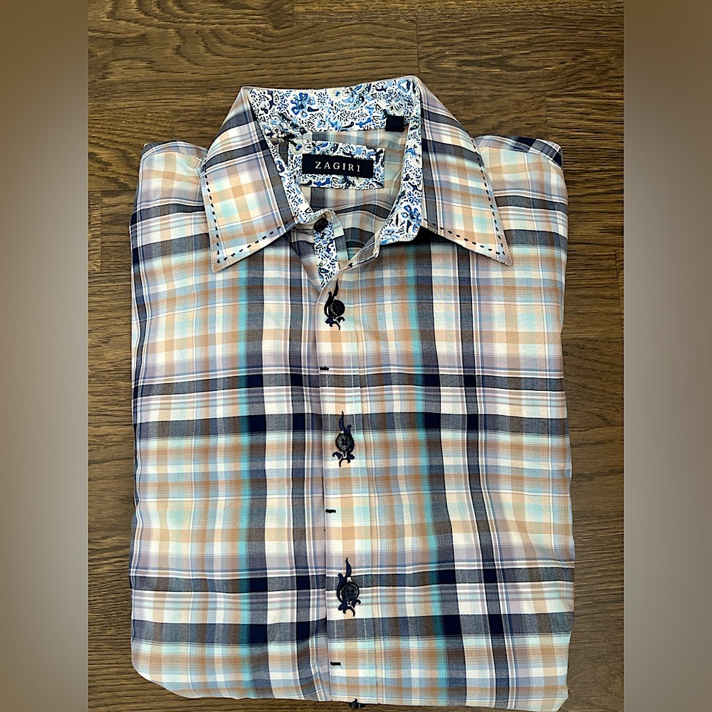 Zagiri Men’s Multi Plaid Flip-Cuff Dress Shirt